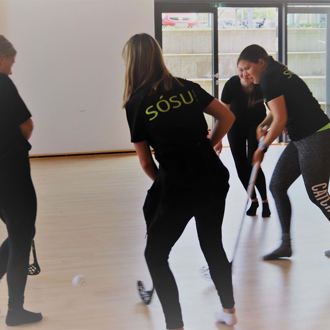 Unge mennesker spiller hockey indendørs i skolens Multisal