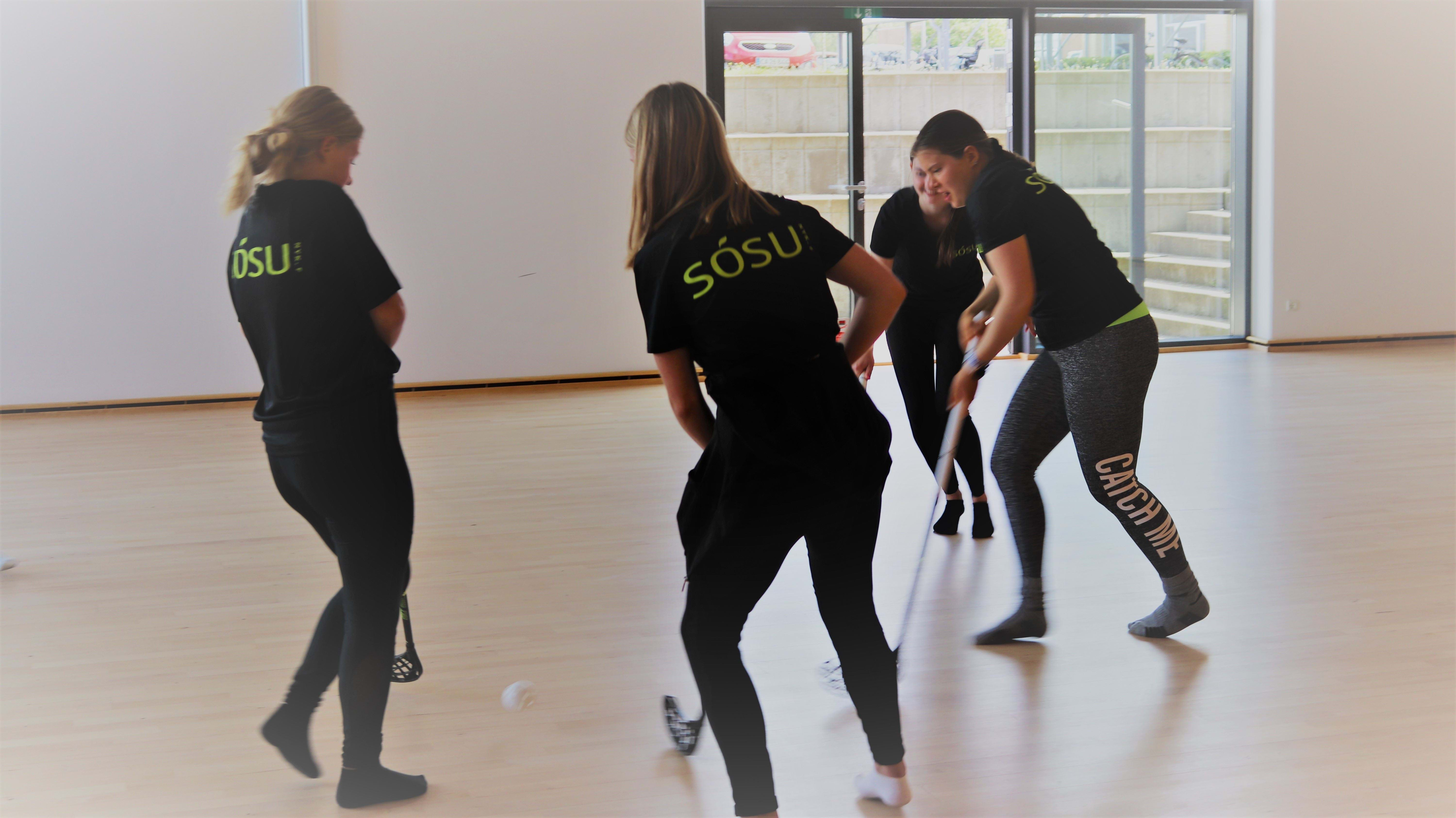 Unge mennesker spiller hockey indendørs i skolens Multisal