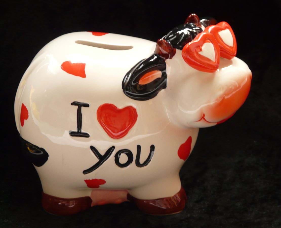 En spareko med 'I love you' skrevet på siden