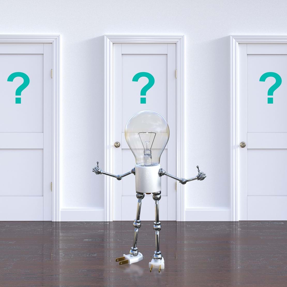 En lille robot med elpære som hoved, står foran tre døre med spørgsmålstegn på.