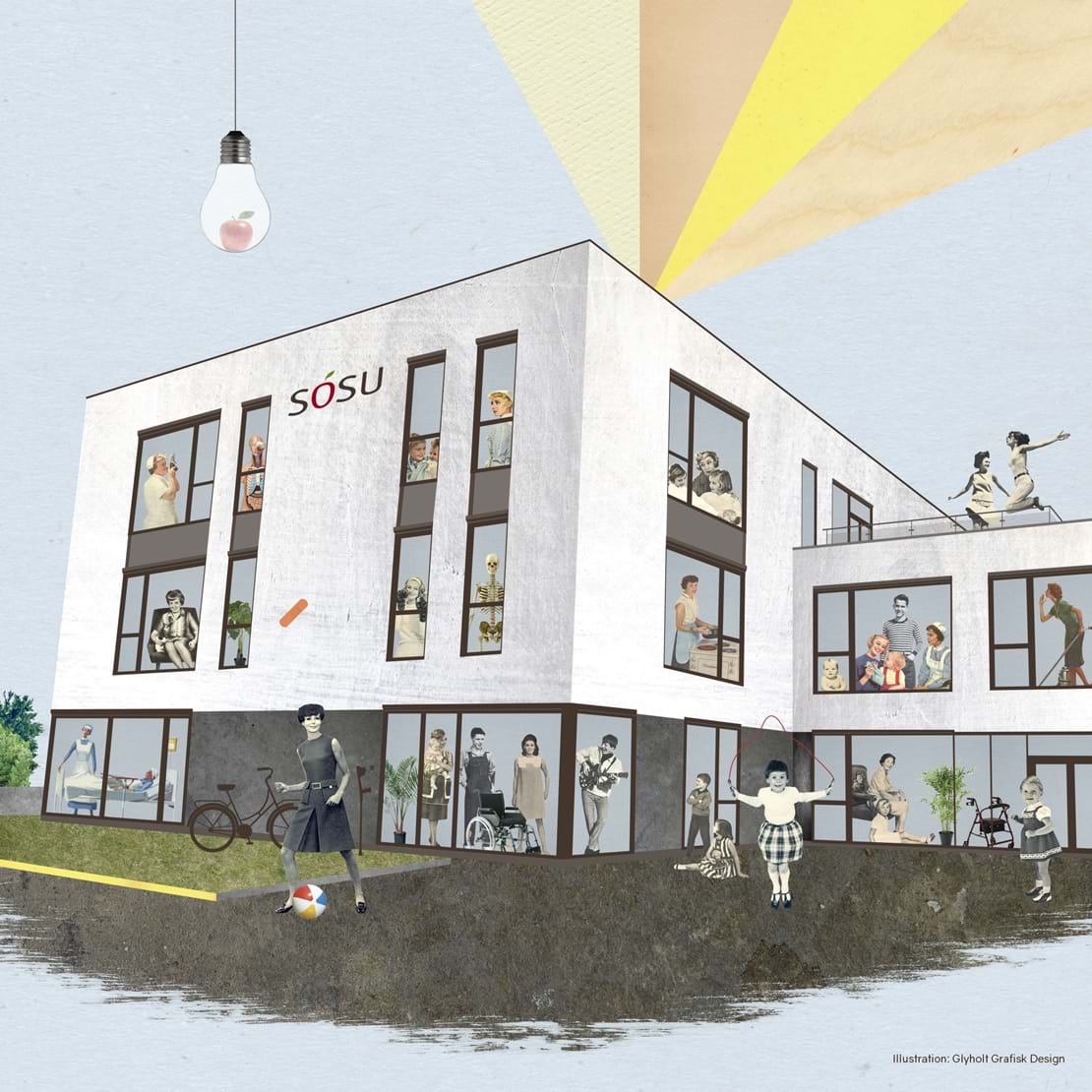 Et akvarelbillede af den nye tilbygning på SOSU-skolen i Nykøbing Falster