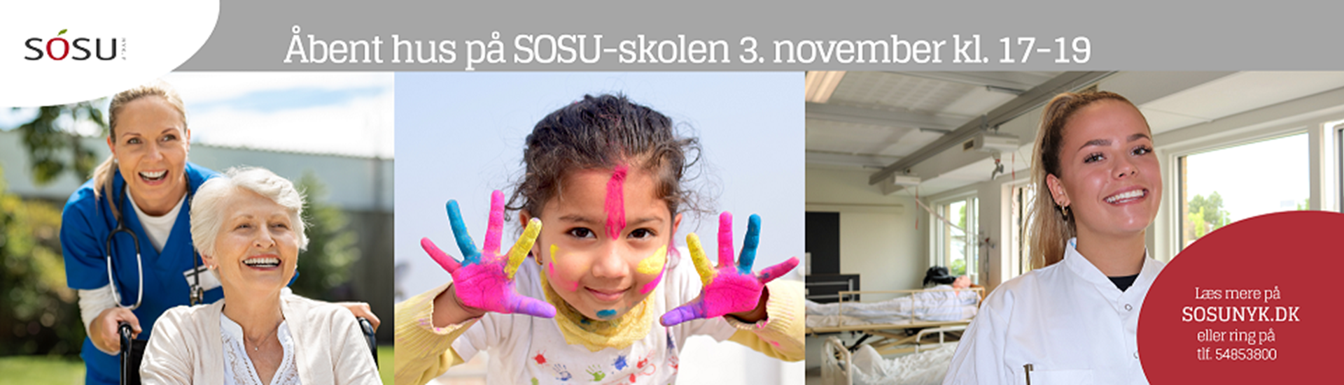 Reklame for åbent hus på SOSU-skolen 3. november 2022 kl. 17-19.