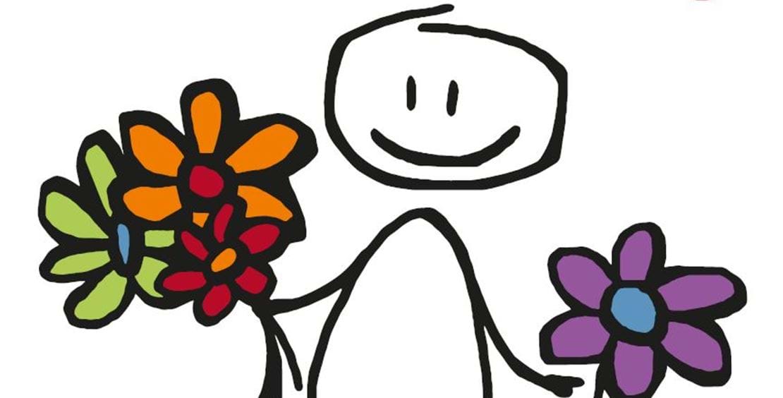 En illustration af en tændstikmand der holder blomster og smiler, med teksten "De valg du tager i dag, former det liv du lever i morgen." efterfulgt af et SOSU-logo og skolens slogan "Tag en uddannelse i livskvalitet."